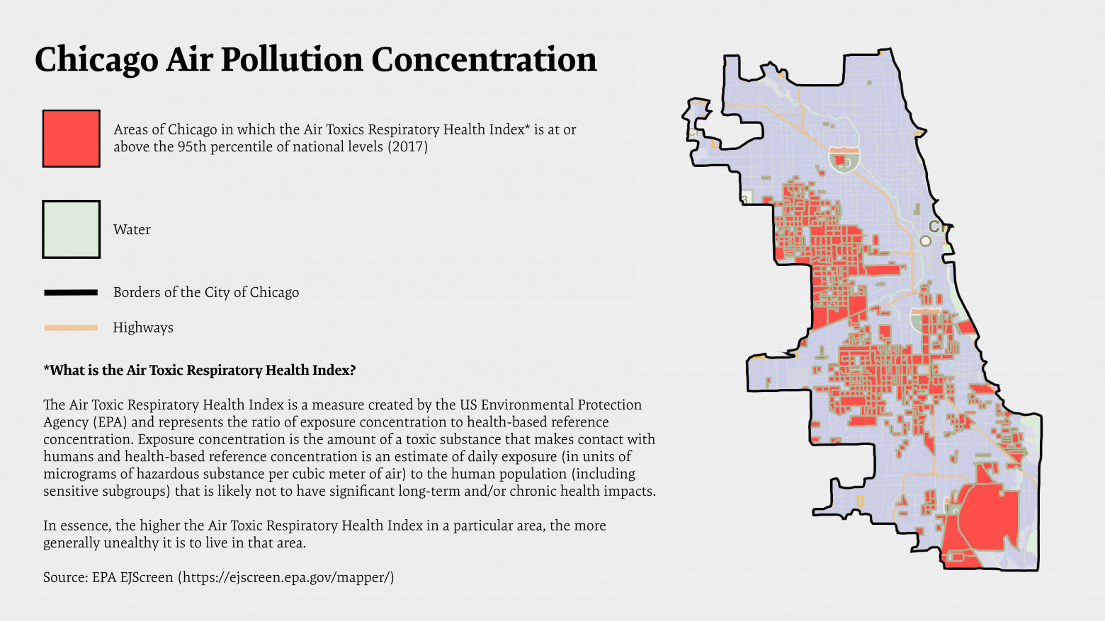 A graphic depicting air pollution concentration in Chicago. Areas with high scores on the Air Toxics Respiratory Health Index are denoted in orange on a map of Chicago.
